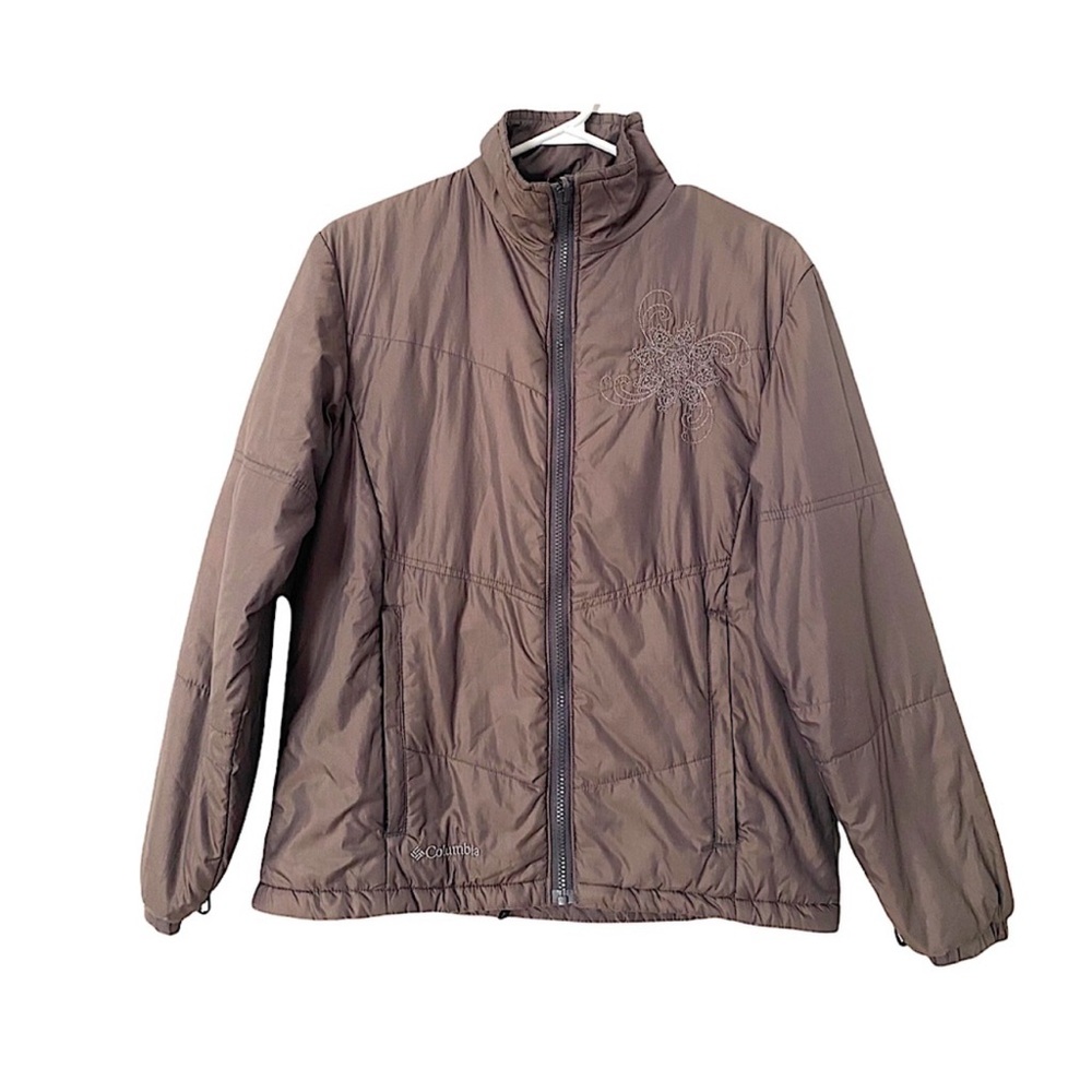 Columbia Down Puffer Lightweight Quilted Jacket Embroidery Fall Grey Mauve S